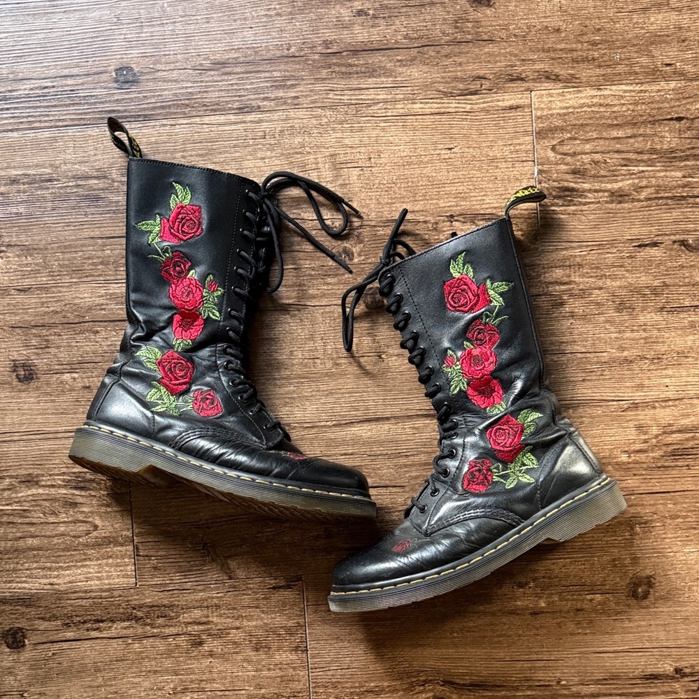 Dr. Martens Black Boots with Red Rose Embroidery